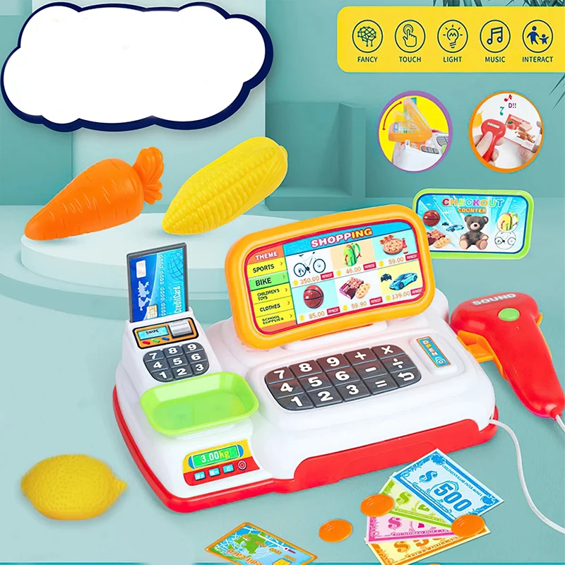 1Pcs Simulation Cartoon Supermarket Cash Register Toy Home Appliance Series Children Play Home Electric Lighting Sound Register