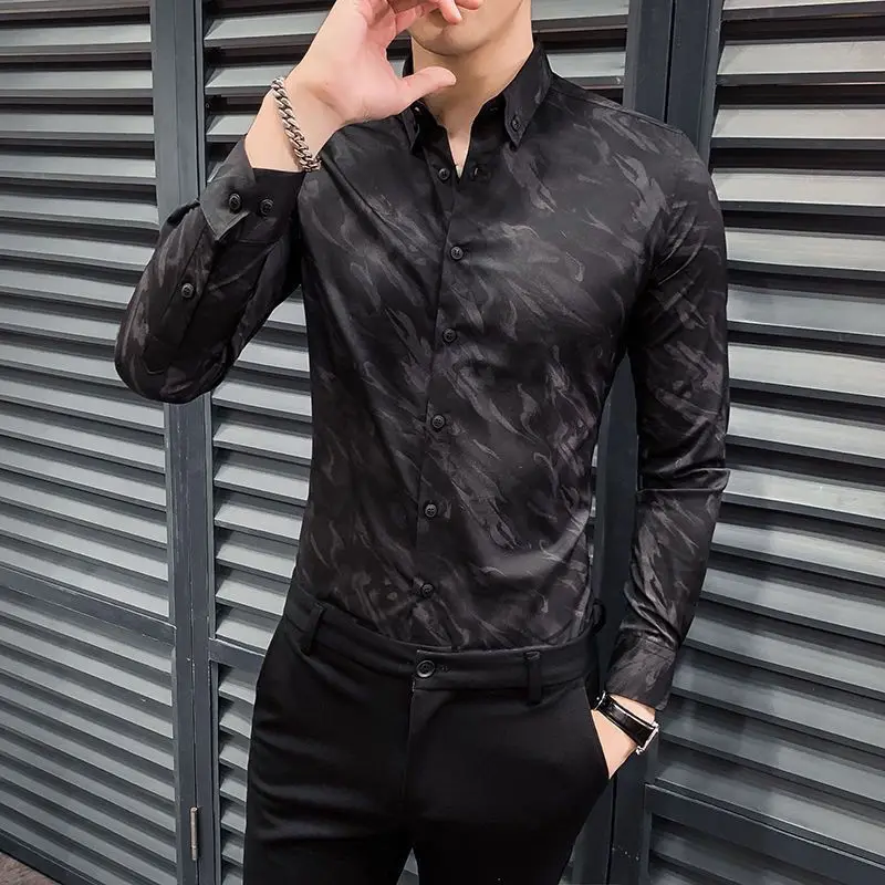 Men Clothing Korean Fashion Print Business Casual Button Down Shirt Spring Autumn Lapel Long Sleeve Slim Tops Camisas De Hombre
