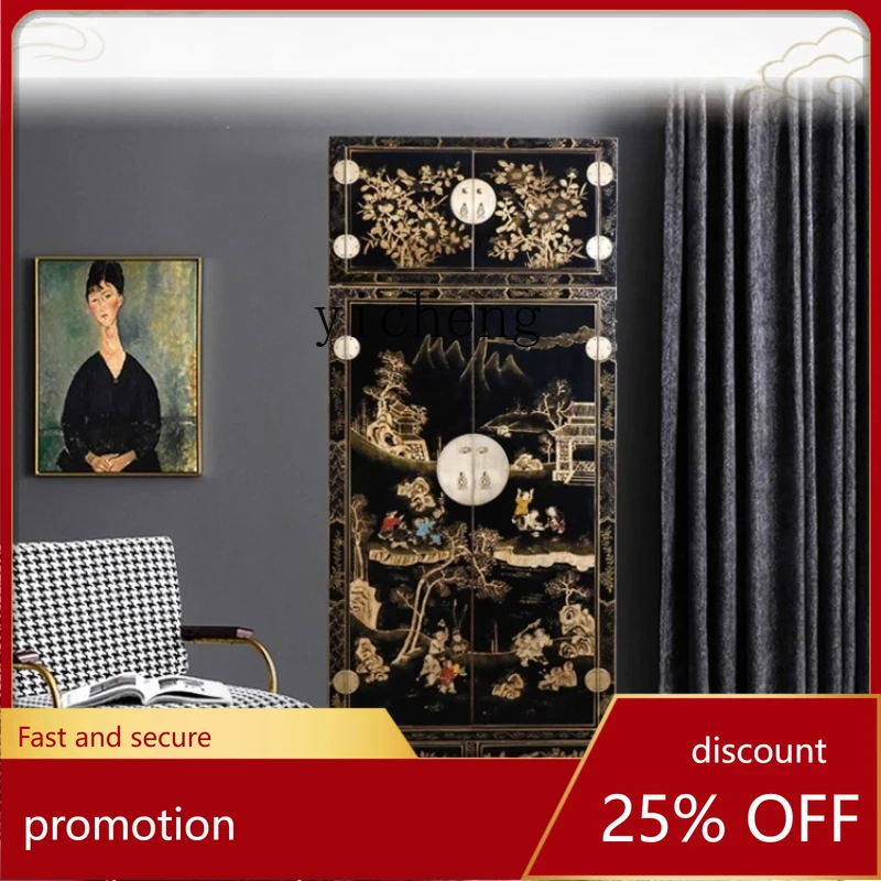 

CZ Classical Black Lacquer Gold Trim Wardrobe with Top Chest Solid Wood High Cabinet