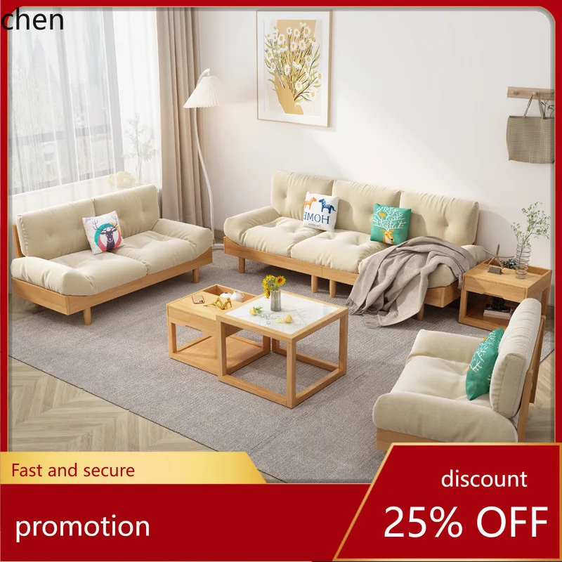 HT Solid Wood Cloud Fabric Sofa Wabi-Sabi Style Furniture Double Original Wood Sofa Living Room Simple Sofa