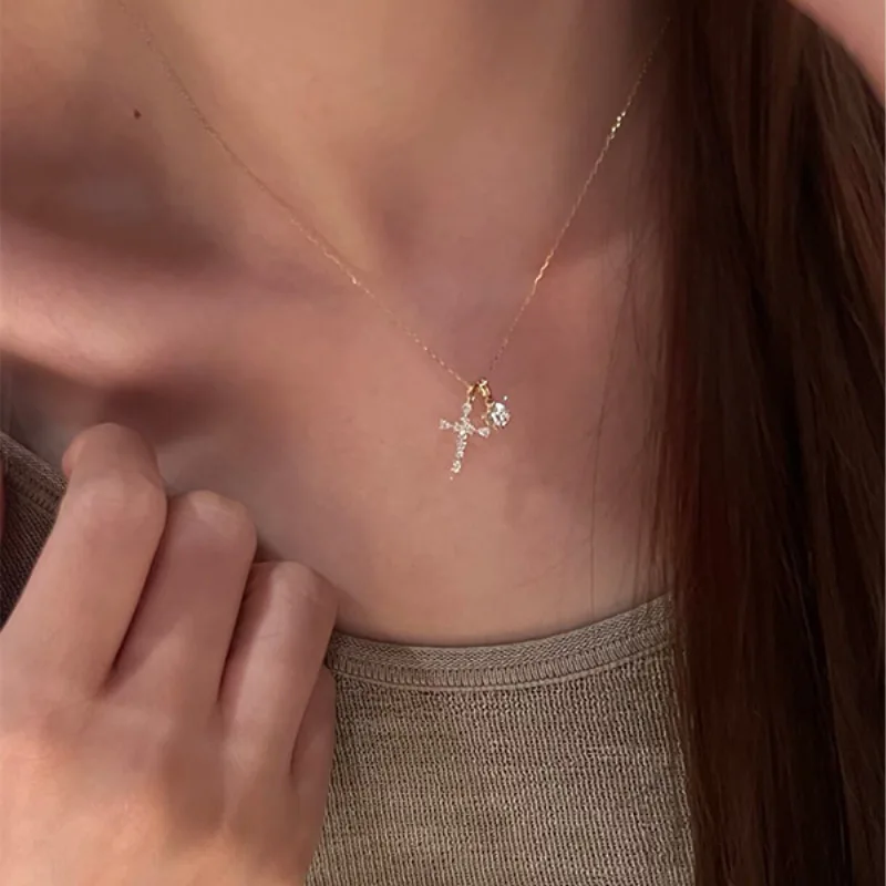 Cross Pendant Necklace Gold Tone Steel Minimalist Elegant Versatile Choker Length Lightweight Premium Jewelry for Women