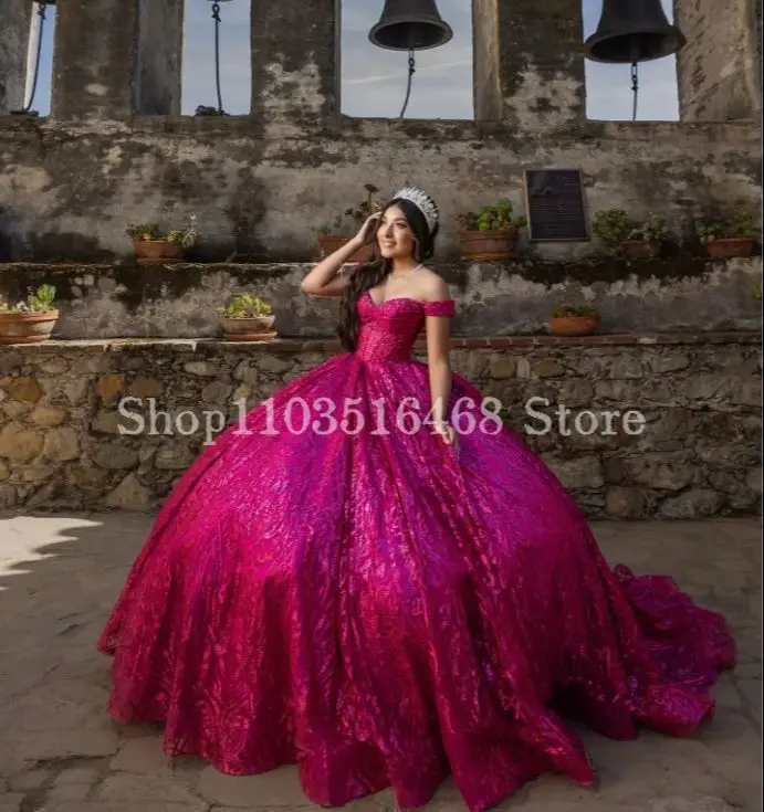 Scintillante principessa abiti Quinceanera 2024 prugna una spalla dolce treno pizzo Applique paillettes messico abiye