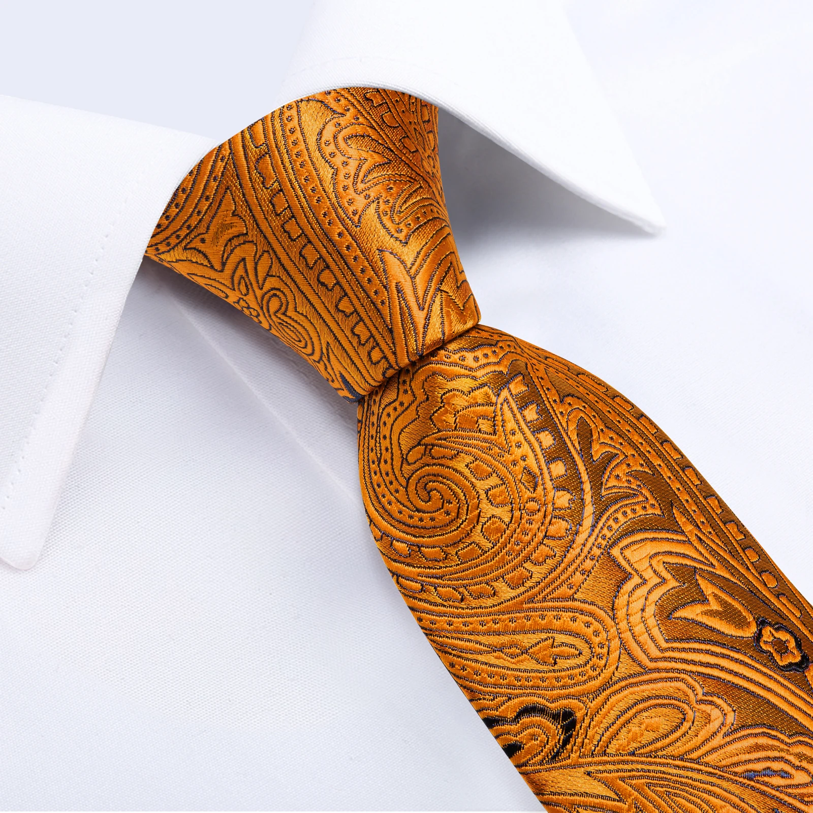 Orange Paisley Floral Men's 8cm Silk Ties Handkerchief Cufflinks Luxury Wedding Party Accessories Elegant Neck Tie Gift