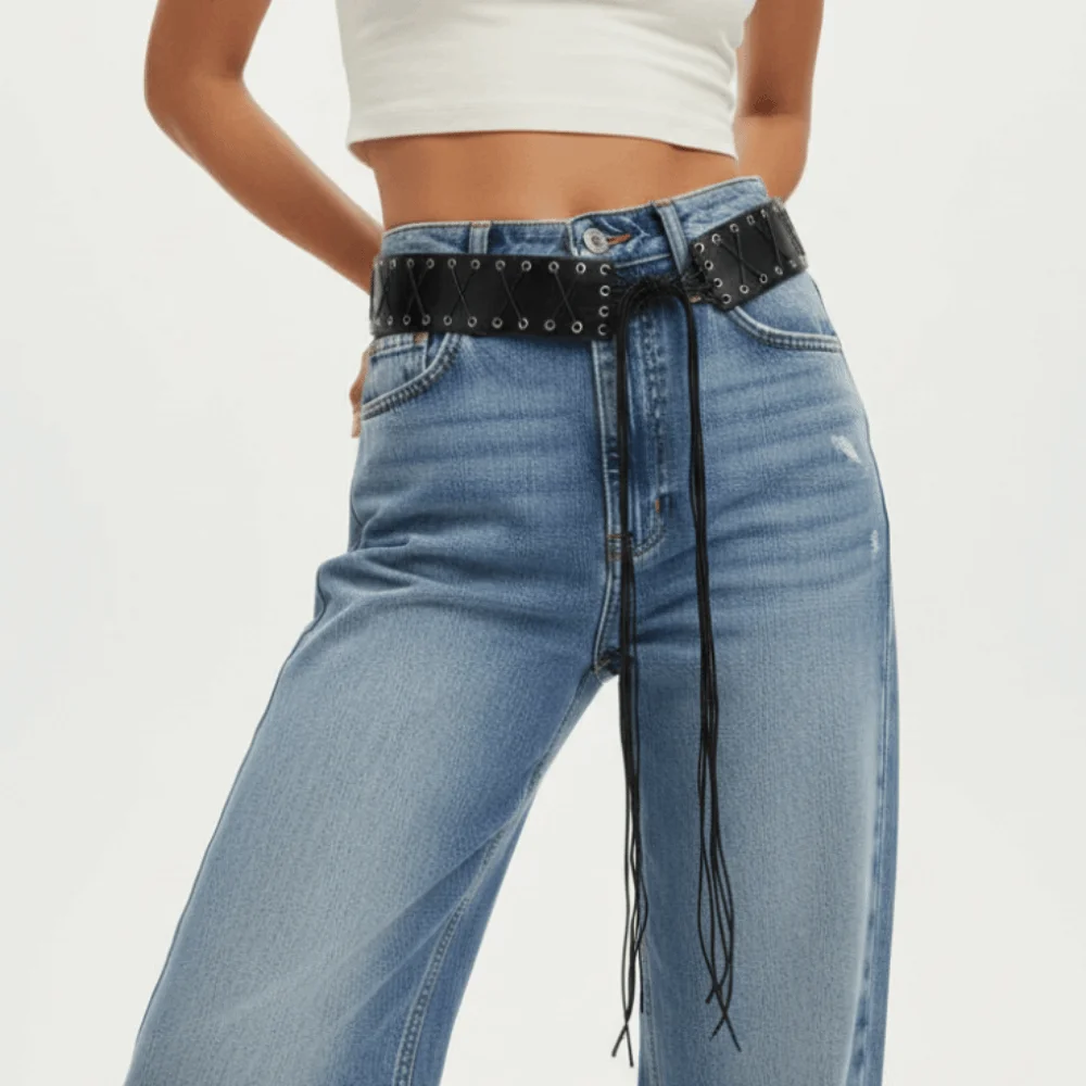 

Adjustable Black Punk Belt Lace-up Straps Personalized Design Tassel Belt American Style Vintage Leather Waist Chain Men