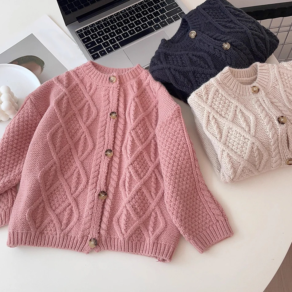 

Kid Knitting Sweater Child Autumn Winter Solid Casual Cardigan Knitted Coat Baby Girls Long Sleeves Knitwear Top Twisted Clothes