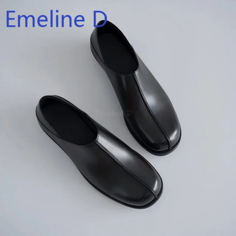 Black Round Toe Light Mouth Leather Shoes Unisex Light Mouth Derby Shoes Leather Stitching One Step On Casual Flat Shoes