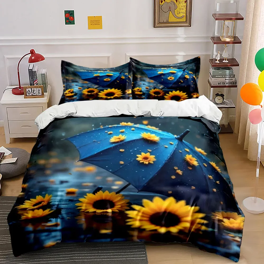 Sunflower Umbrella Set for Rainy Days Soft Comfortable Duvet Cover Bedding Set Included 1*Duvet Cover & 2*Pillowcases, gift