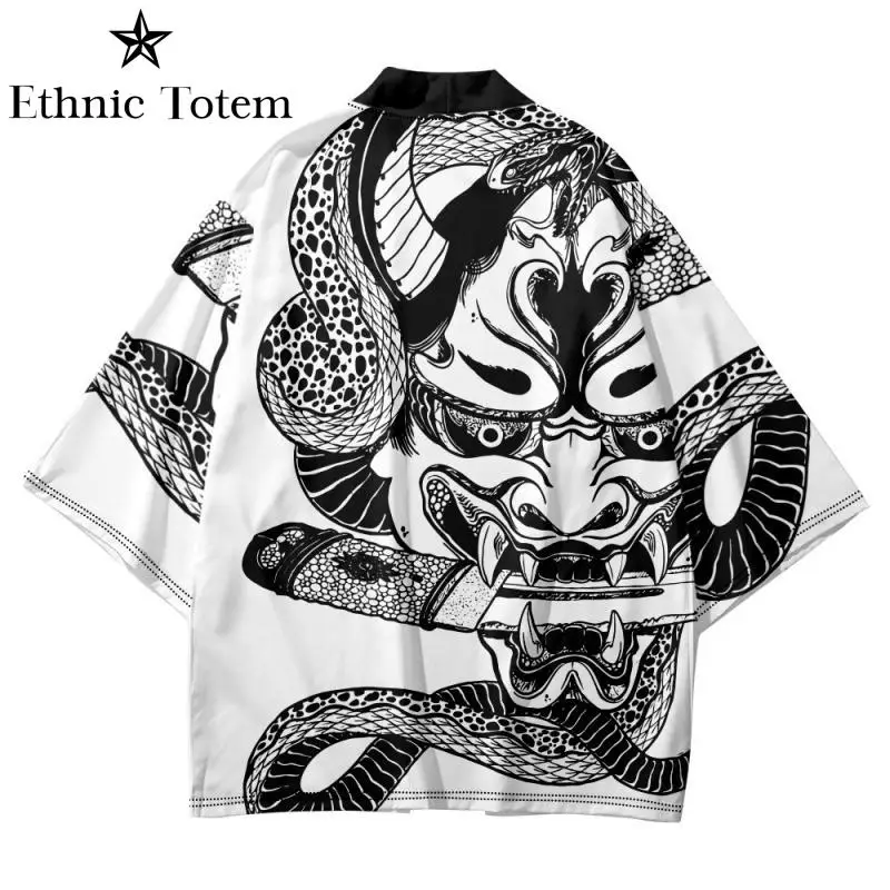 Men Demon Snake Dragon Pattern Printed Kimono Cardigan Chinese Japanese Samurai Coat Cape Summer Cosplay Asian Traditional Cloak