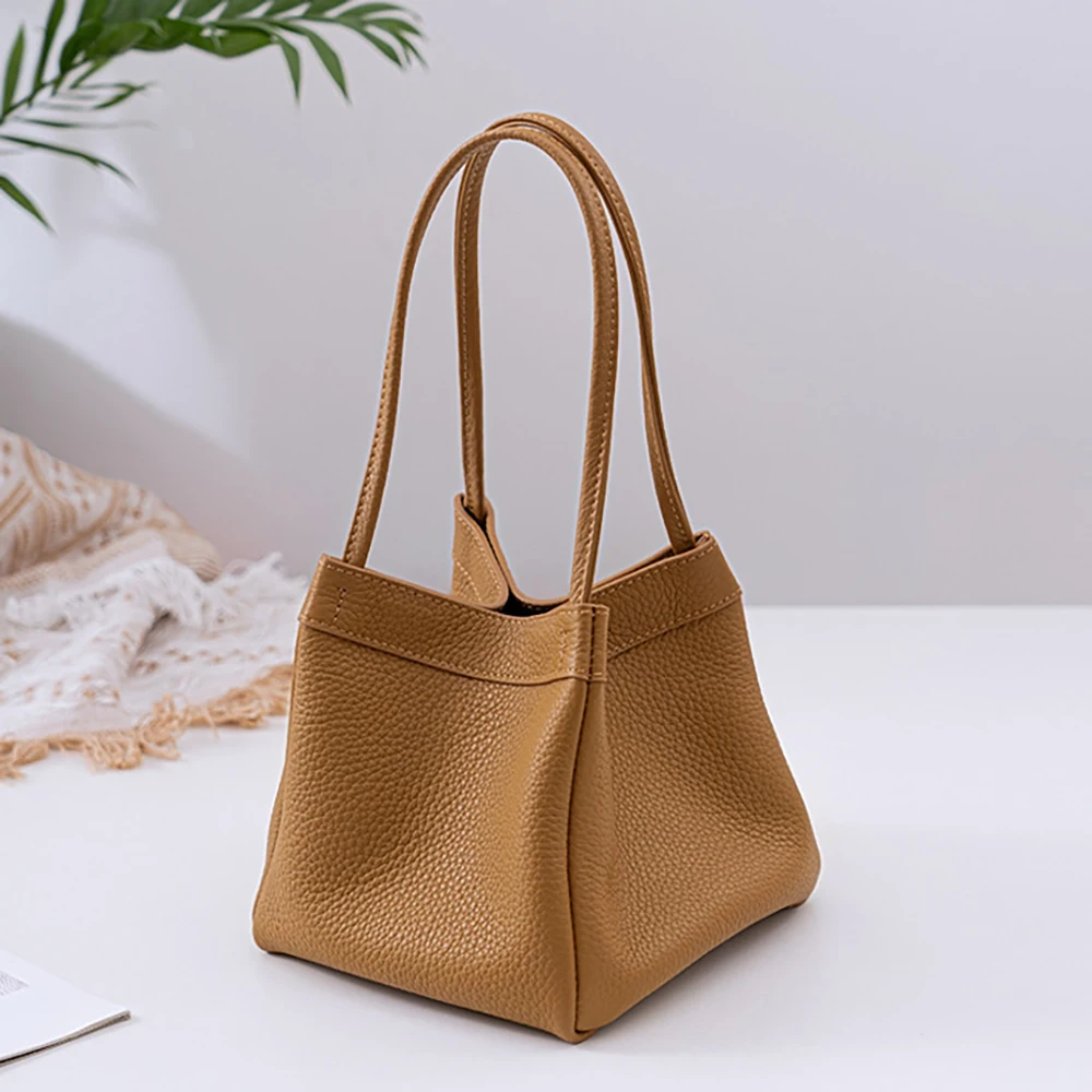 Genuine Leather Women Shoulder Bag Color Fashion Female Square Bucket Purse Solid Versatile Top Handle Underarm Cowhide Tote Bag