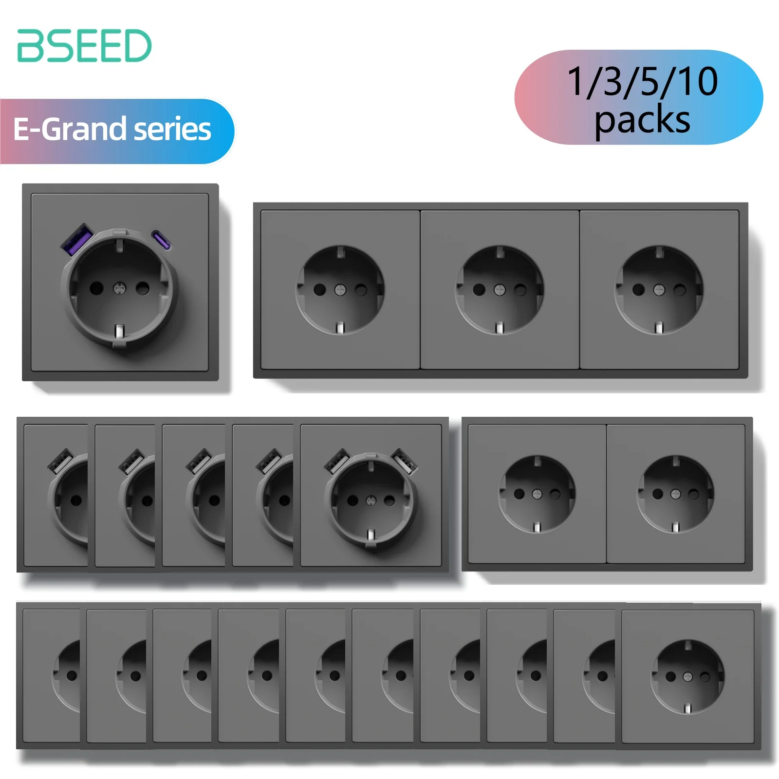 BSEED E-Grand Serie Wandsteckdose Elektrische Anschlüsse 20W Schnell-USB Typ-C Ladeanschluss Kunststoffrahmen Grau 1/3/5/10 Stück