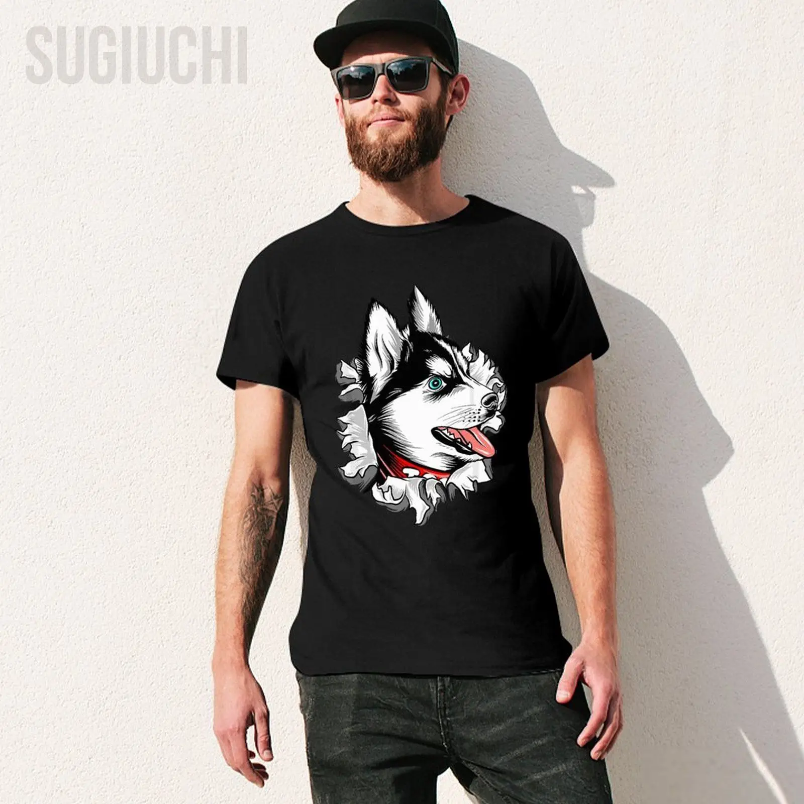 Unisex Men Husky Torn Cloth Dog Tearing Through Funny Siberian Husky Tshirt Tees T Shirts Women Boys 100% Cotton T-Shirt