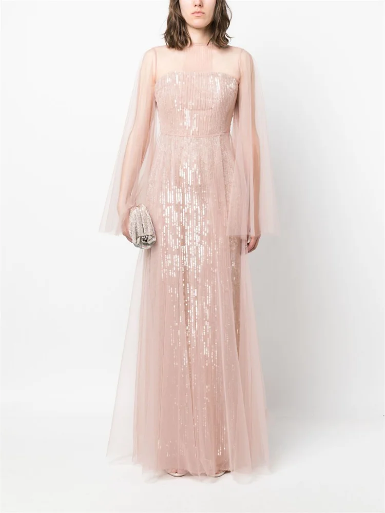 

Customized Round Neckline Long Sleeves Tulle Inserts Straight Sequin Evening Dress Sexy Back Zipper Floor Length Gown For Women