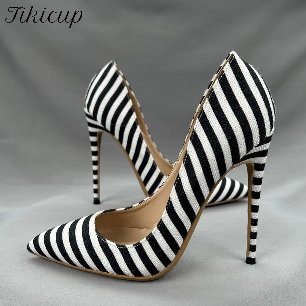 

Модные женские полосатые туфли на высоком каблуке Veowalk, туфли-лодочки на шпильке с острым носком, элегантные тканевые туфли для ночного клуба, вечеринки