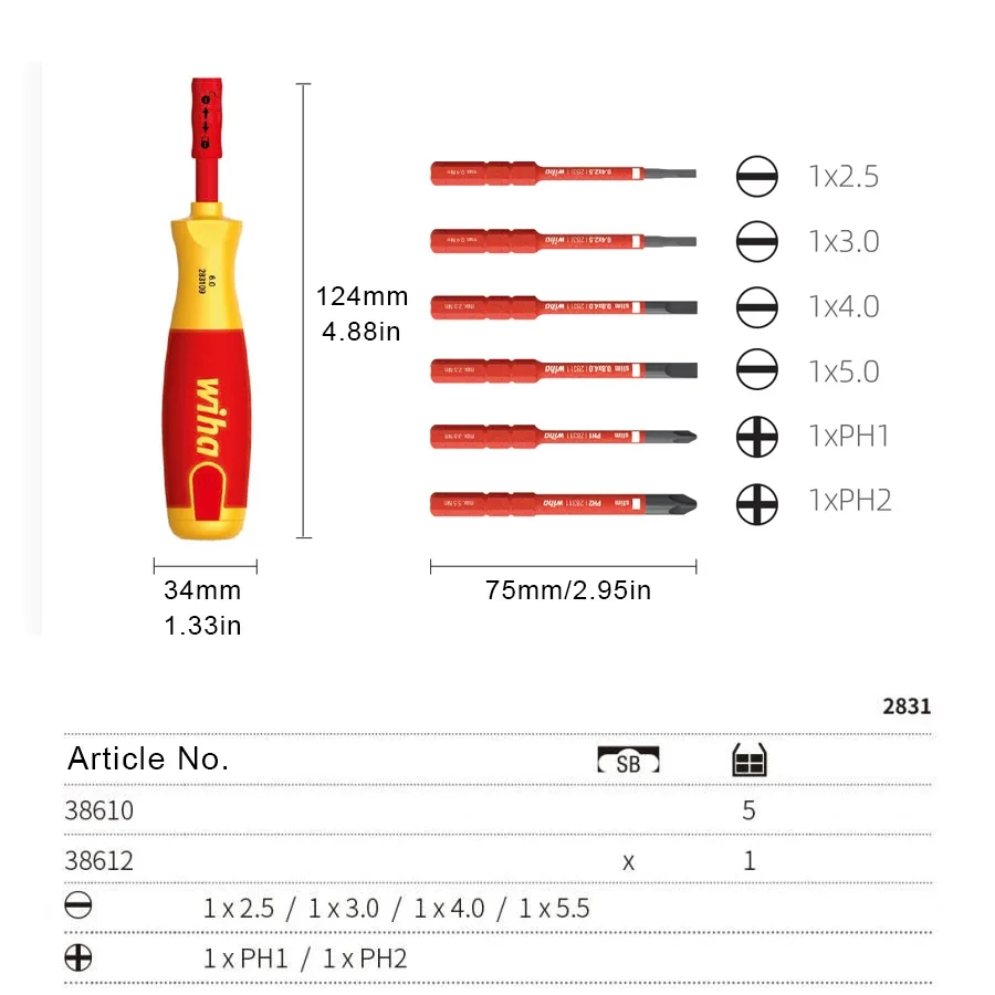 WIHA 38610 Insulated Screwdriver Set 6Pcs with 6 Bits Magazine for Slotted Phlillps Screws Electrician Screwdriver Hand Tools