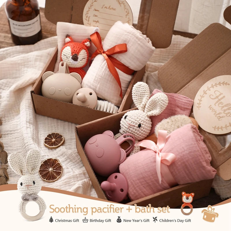 Baby Towel Newborn Bath Toy Set Gift Box  Pacifier + Pacifier Box  Bath Towel  Bracelet  Crochet Toy  Baby Bath Gift Products