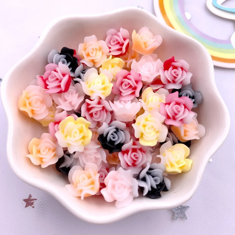 Resin Kawaii Colorful 10mm Rose Flower Gems Flatback Stone Figurines Appliques 50pcs DIY Wedding Scrapbook Nail Art Decor Crafts