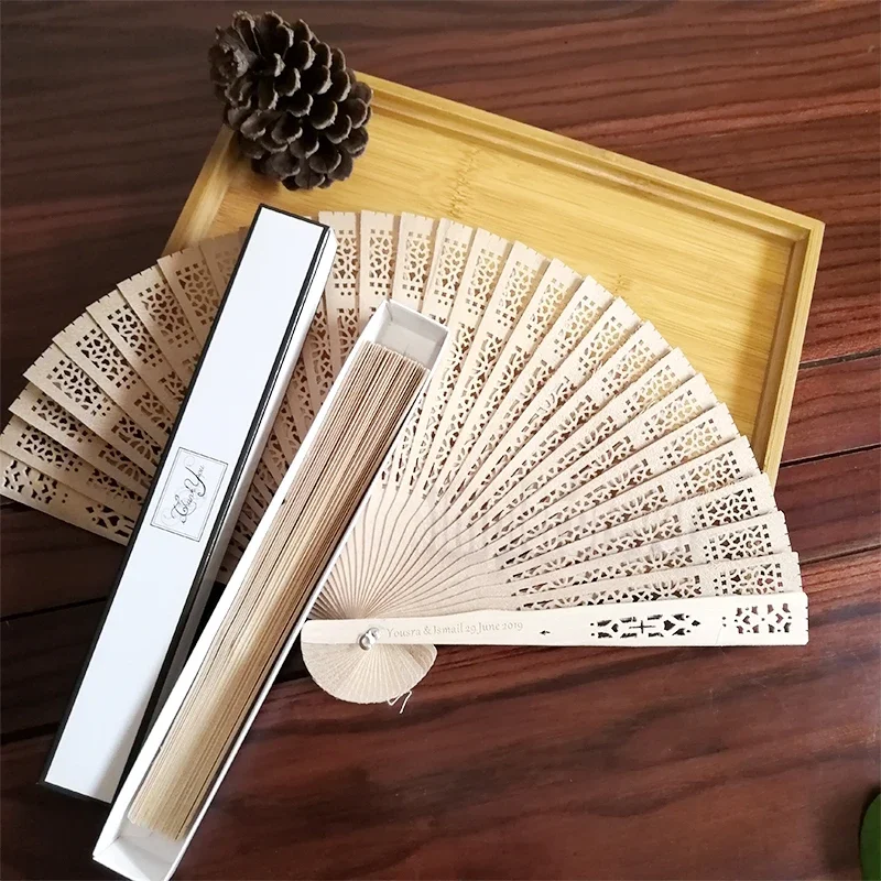 20cm Aromatic Wood Pocket Folding Hand Fan Carved Wedding Decor SuppliesBox +Party Favors Wedding Gifts+printing 50pcs/Lot