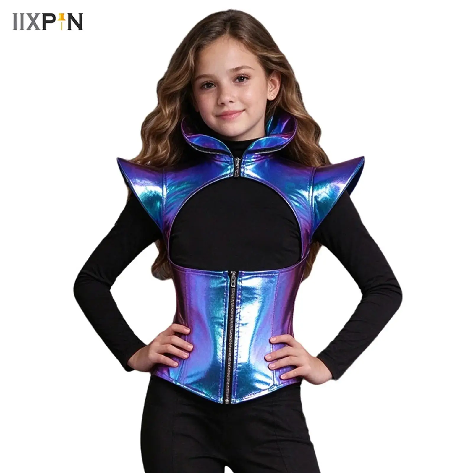 Girls Metallic Armor Shrug Vest Cap Sleeves Stand Collar Cutout Asymmetrical Hem Top Theme Party Halloween Carnival Performance