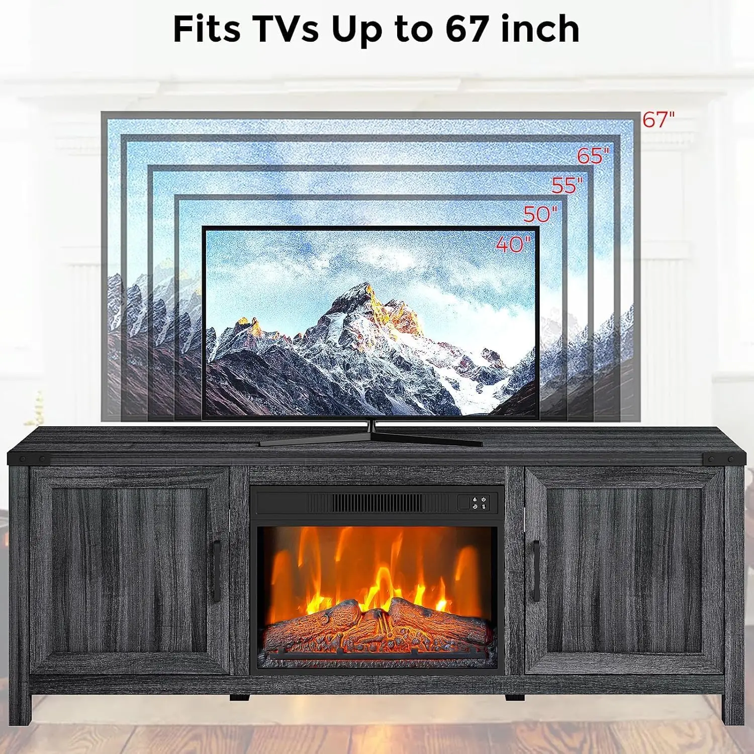 67 "Open Haard Tv-Standaard, 23" Elektrische Open Haard Insert, Zwarte Vrijstaande Tv-Standaard Met Open Haard Verwarming Afstandsbediening, Timer