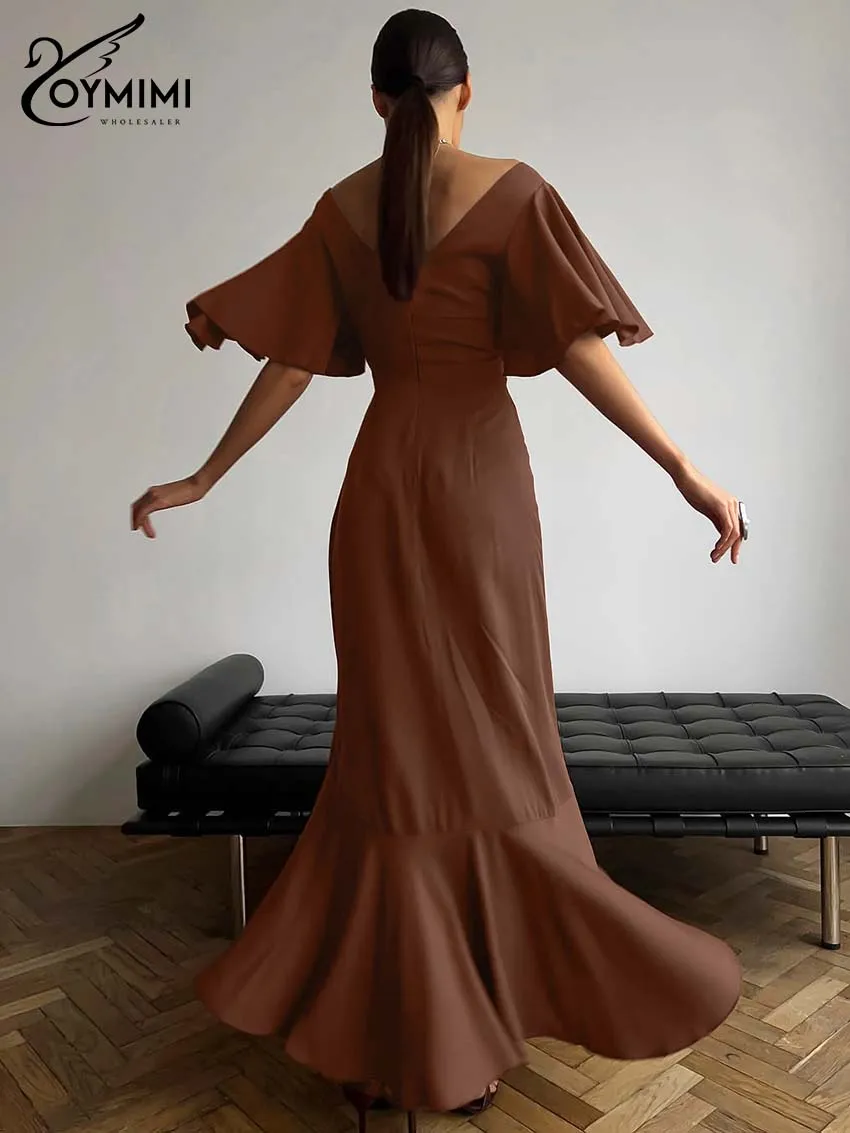 Oymimi elegante vestido feminino de cetim marrom, moda com decote em v, manga bufante, costas abertas, casual, cintura alta, comprimento no tornozelo