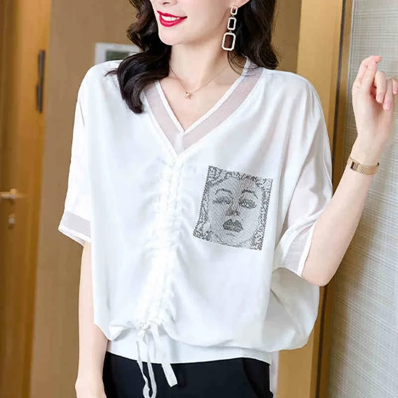 Chemisier imprimé visage pour femmes, mode coréenne, manches chauve-souris, ample, col en v, hauts ajourés, Design féminin, chemises à cordon de serrage, nouvelle collection été