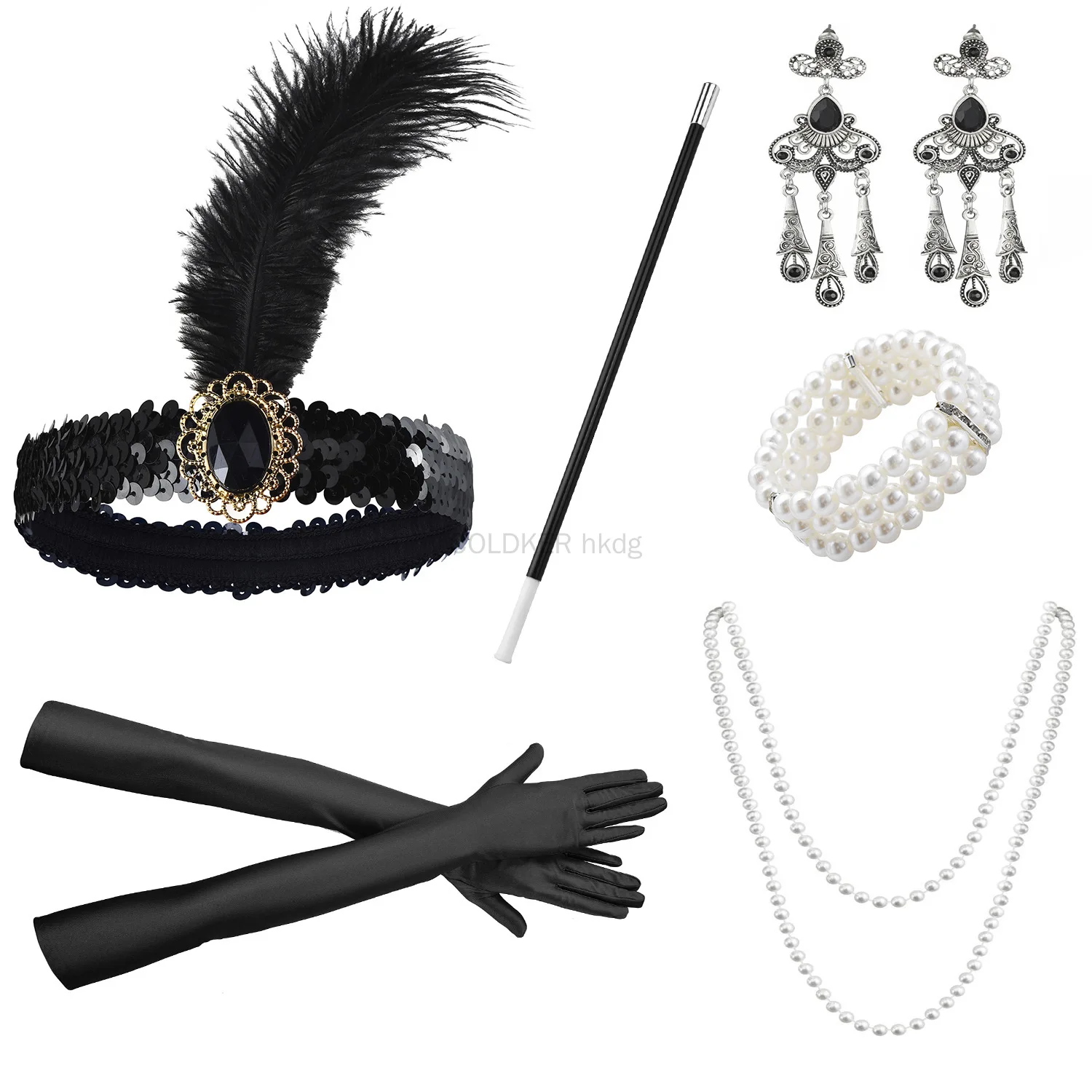 1920er Jahre 6-teiliges Set für Damen, Flapper-Kopfschmuck, Stirnband, Perlenkette, lange Handschuh-Ohrringe, Gatsby-Kostümzubehör