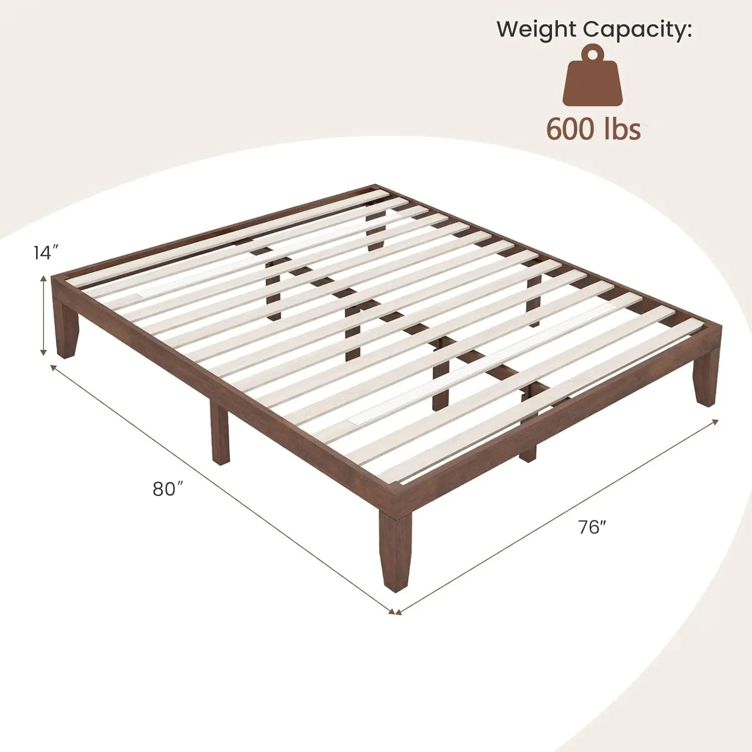 14 Inch King Wood Platform Bed Frame, Minimalist Style Mattress Foundation with Solid Rubber Wood, Heavy Duty Slat, Customized