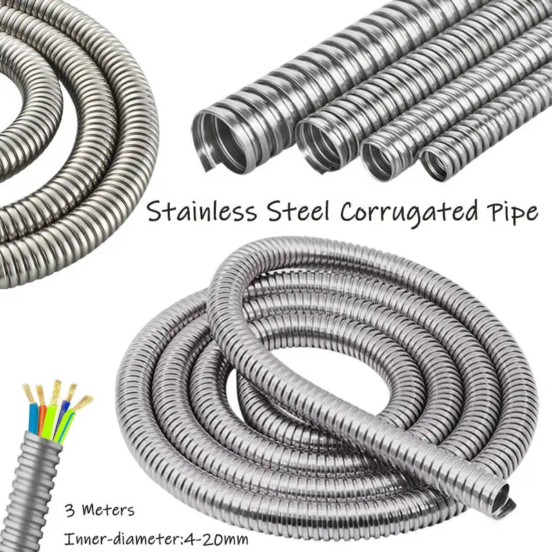 3Meter 304 Stainlesss Steel Corrugated Pipe Tube Flexible Plumbing Wire Line Cable Conduit Protect Hose Tube 4/6/8/10/13/16/20mm