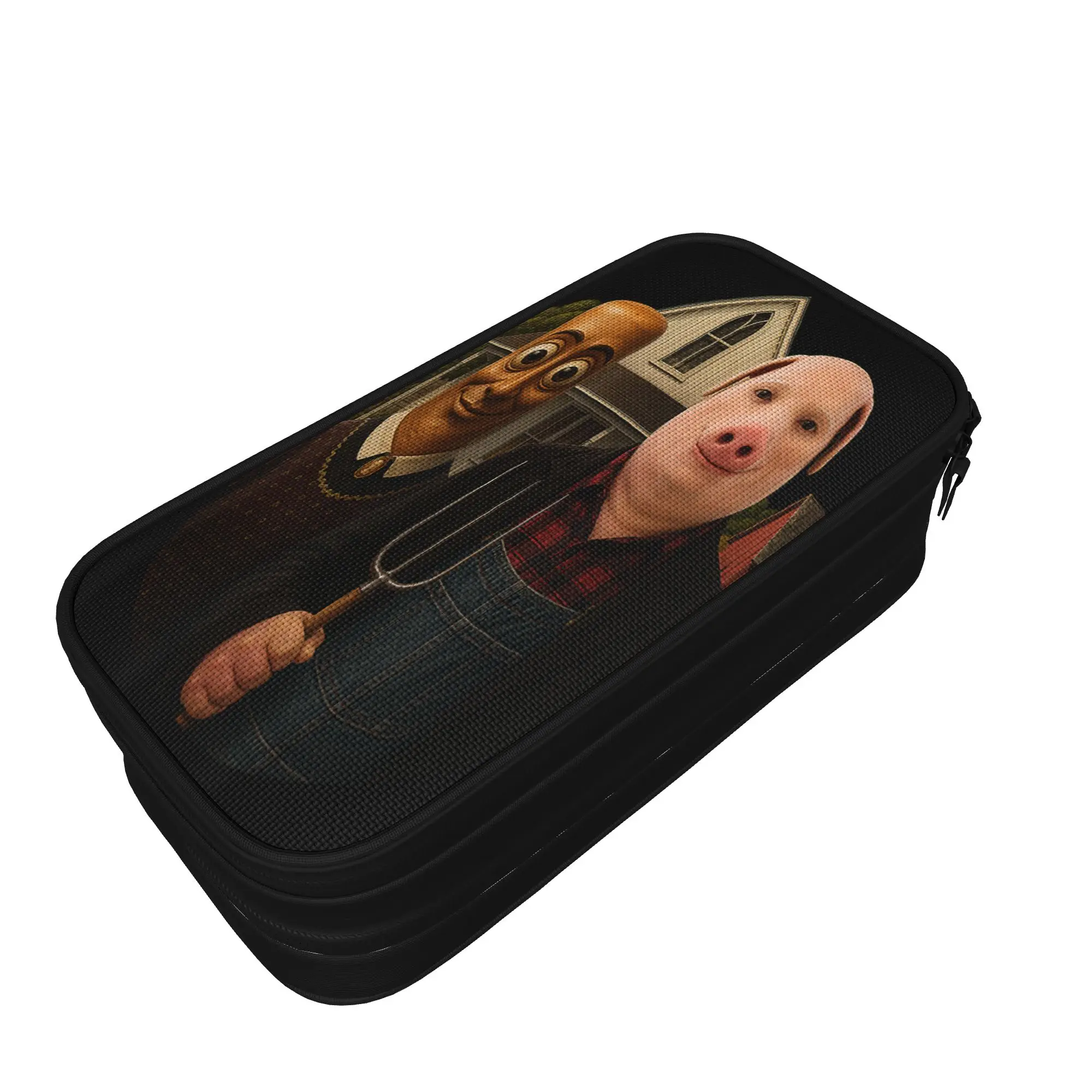 John Pork American Gothic Funny Viral Meme Art Dank Brainrot Pencil Case Pencil Box Boy Girl Zipper Cool School Pencil Cases
