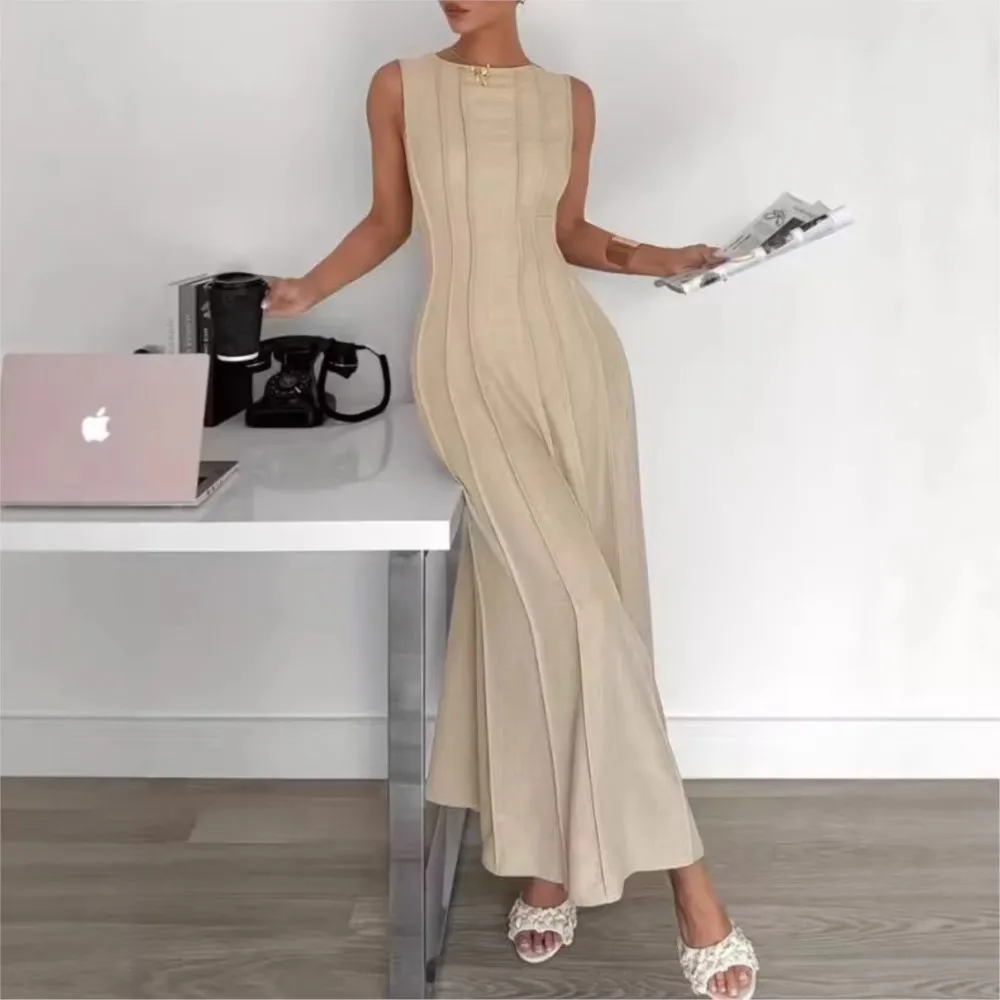 

Pleated Elegant Dress Summer New Fashion Women's Solid Color Sleeveless Round Neck Loose Long Dress Платье Женское Ropa Mujer