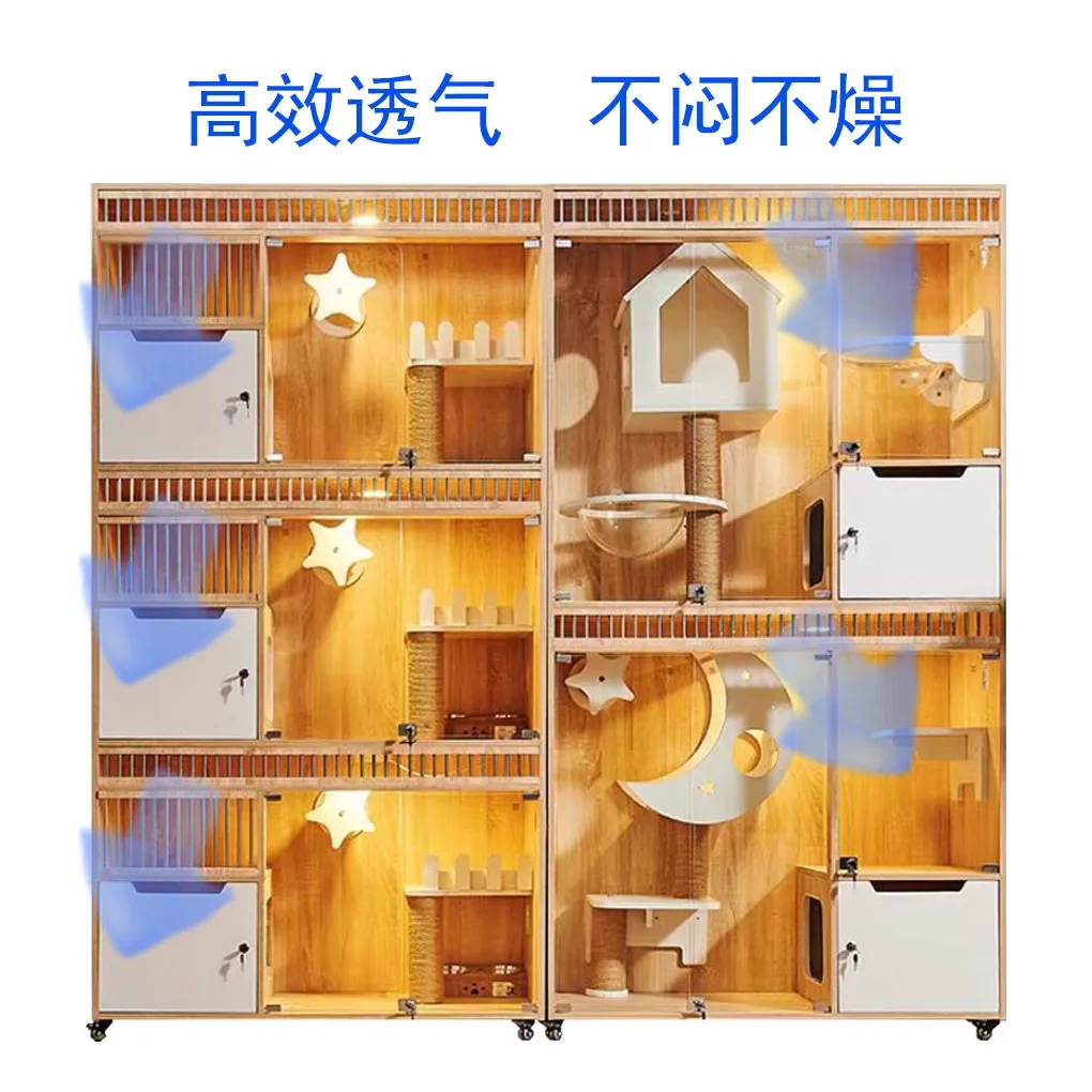 Pet store cat villa cage glass solid wood foster cage three-story cat nest cattery display cabinet