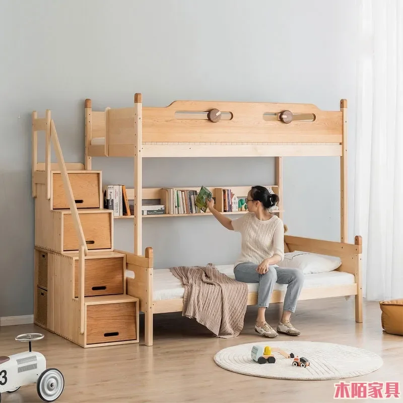 North American Hard Maple Solid Wood Bunk Bed High Low Mother Child Bed Cartoon Tree House Design with Guardrail for Children