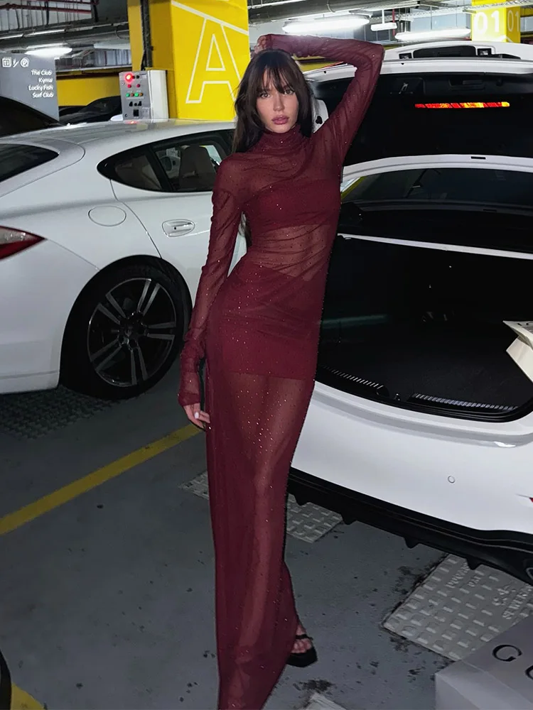 Sequined Mesh Dresses For Women Fashion Sexy Streetwear Solid See Through Turtleneck Full Sleeves Long Vestidos Robes Female Fit