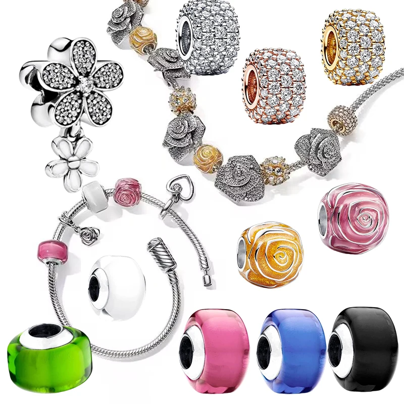

NEW Silver-Plated DIY Sparkling Rose in Bloom Oversized & Mini Murano Glass Charm Bead Fit Original Women Bracelet Jewelry Gift