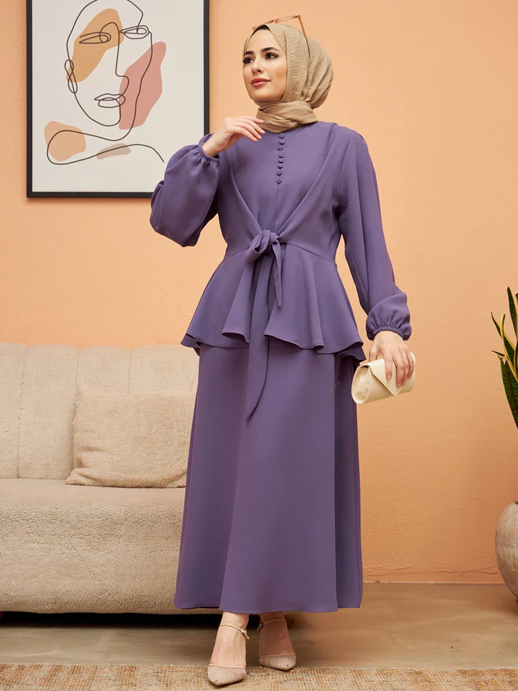 Buttoned Front Skirt Suit Muslim Women Islamic Combine Set New Season Belted Style Elegant Fashion Made in Turkish