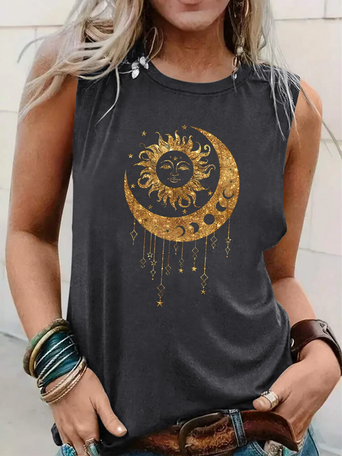 PLUS SIZE printed Summer women's loose and personalized dream catcher mesh printed vest top T-shirt comfortable sleeveless