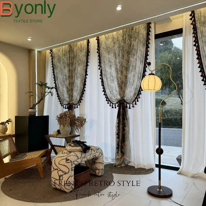 

Vintage American Printed Window Screen with Double Lace Curtains for Living Room Bedroom Balcony Bay Window Partition Curtain