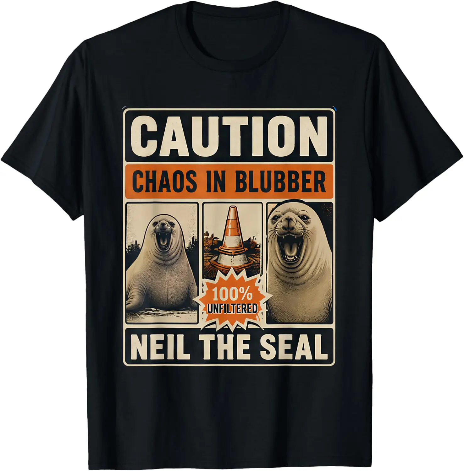 Neil The Funny Seal Chaos In Blubber Warning Sign T-Shirt 100% Cotton Trendy Y2K Short-Sleeve Tee-Soft, Quick-Drying,
