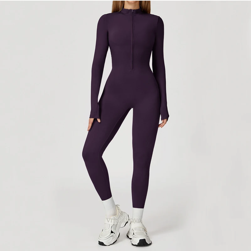 VITALINOVO Damen-Trainingsanzug mit Fleece-Futter, langärmlig, mit Reißverschluss, Yoga-Overall, Winter, warm, Thermo-Einteiler, figurbetonte Hose – Detail 2