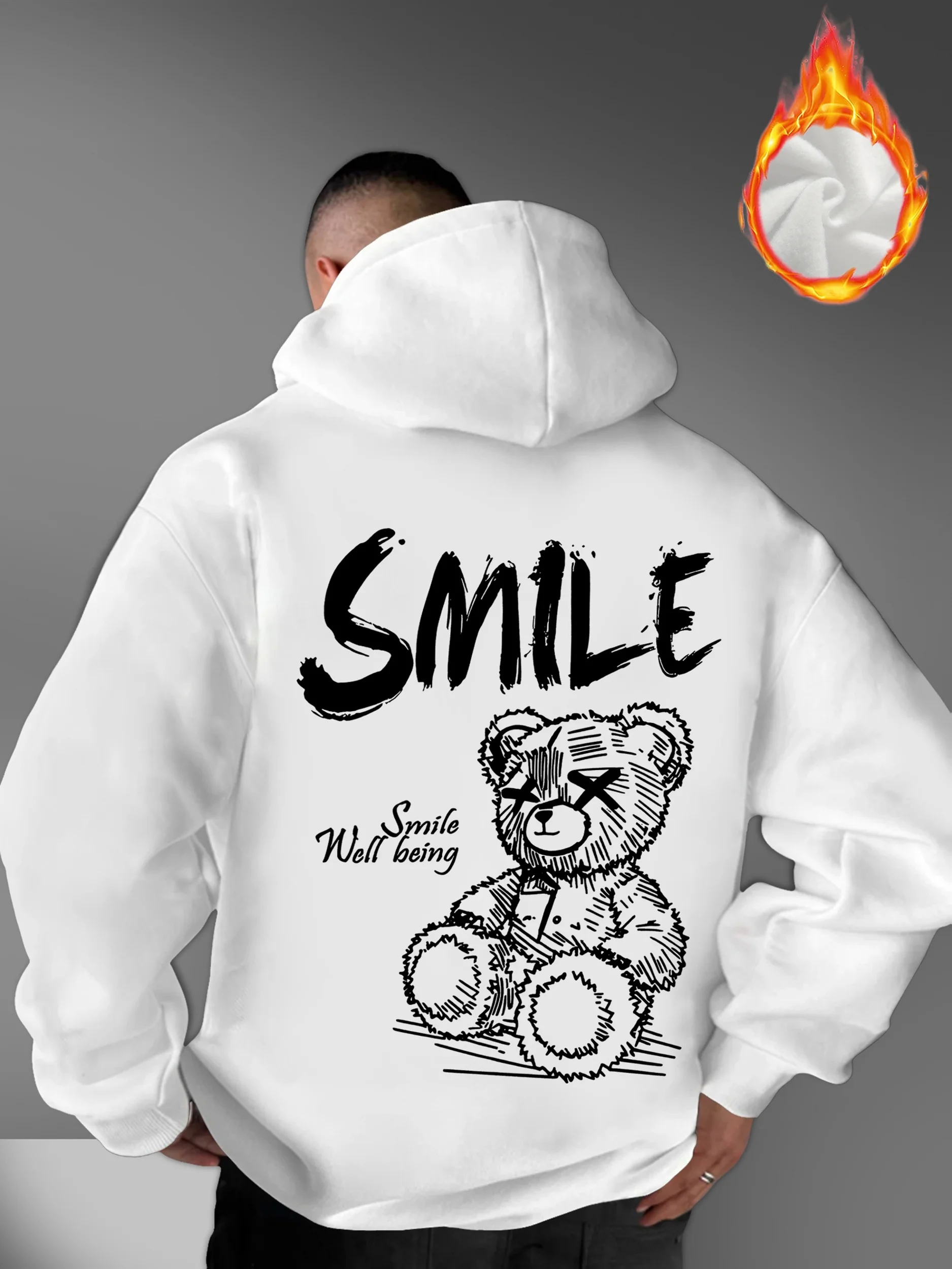 Men's long-sleeved hooded sweatshirt with graffiti bear letter print, hip-hop style casual relaxed street hooded sweatshirt