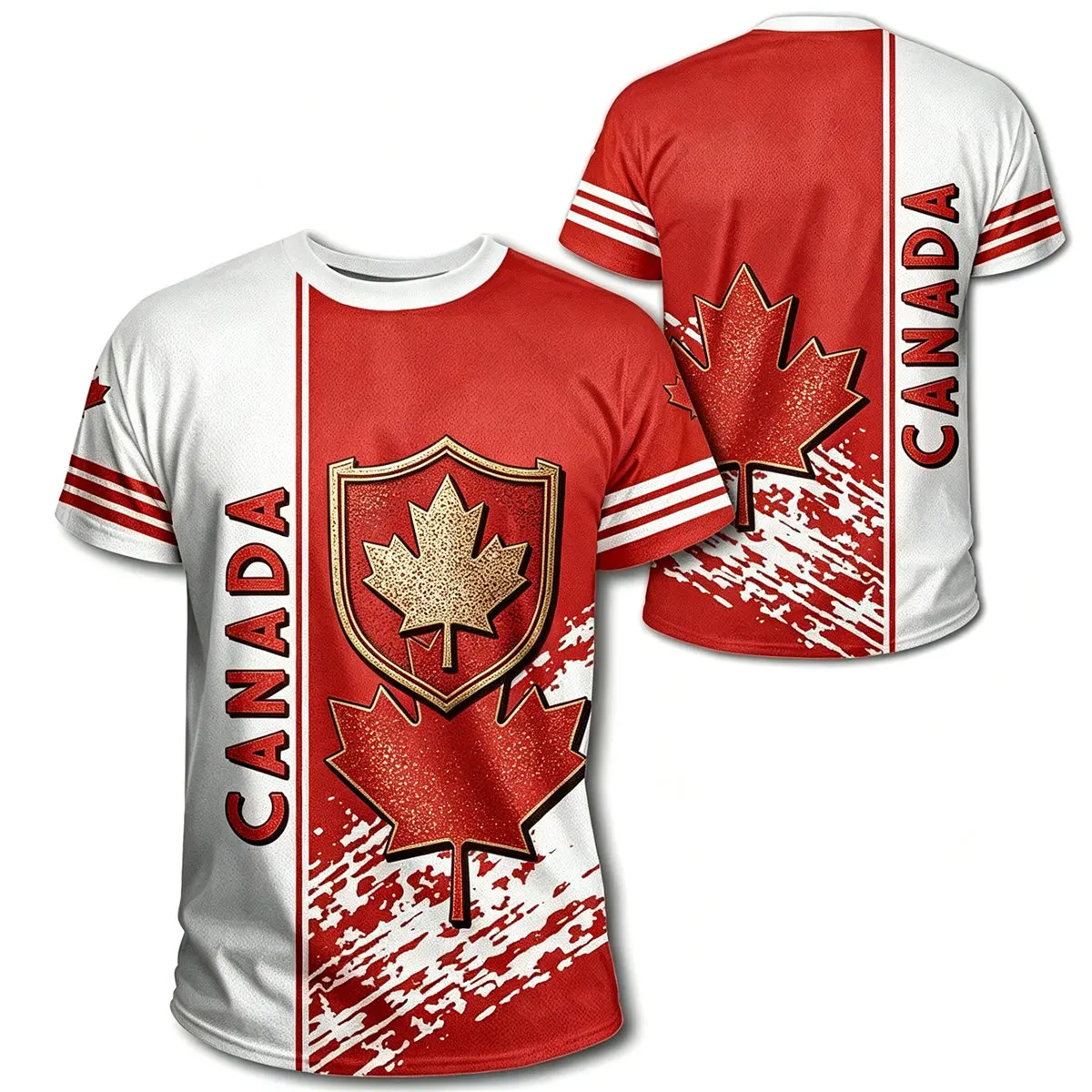 Men Casual Fashion Short Sleeve T-Shirt Canada Flag Maple Leaf 3D Digital Print Regular Fit Round Neck Summer Streetwear Tops
