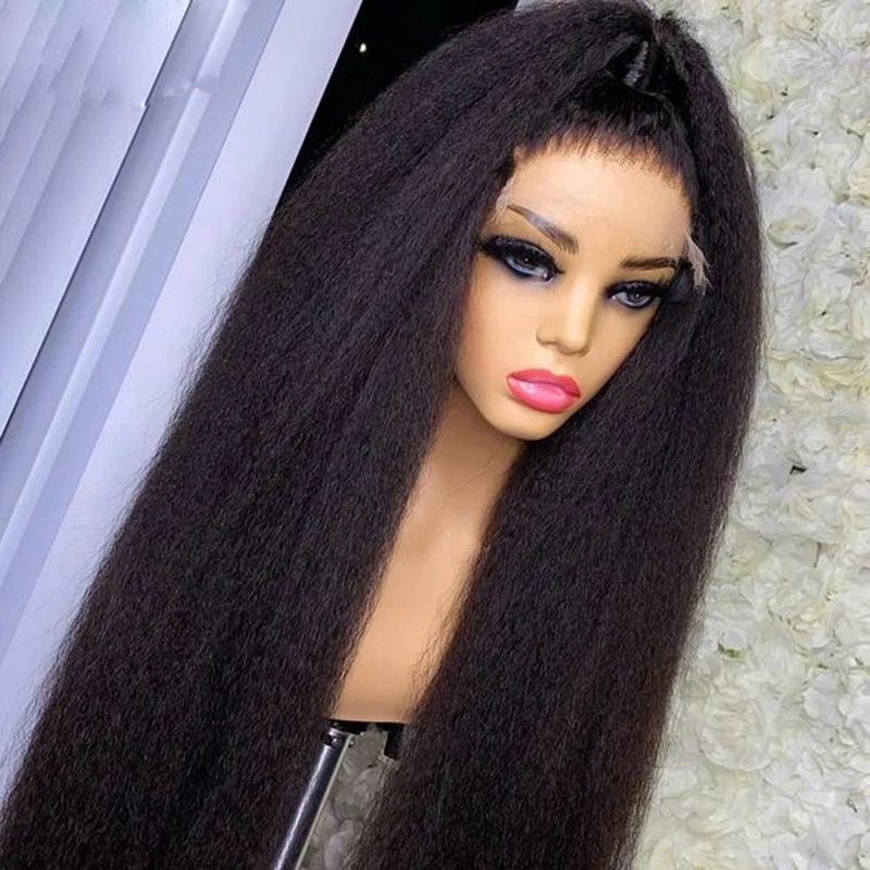 Yaki Naturalna czerń Miękka 26 cali Długość 180 Gęstość Kinky Prosta Głęboka koronkowa peruka przodu Dla kobiet Babyhair Bezklejowe Wstępnie oskubane Codziennie