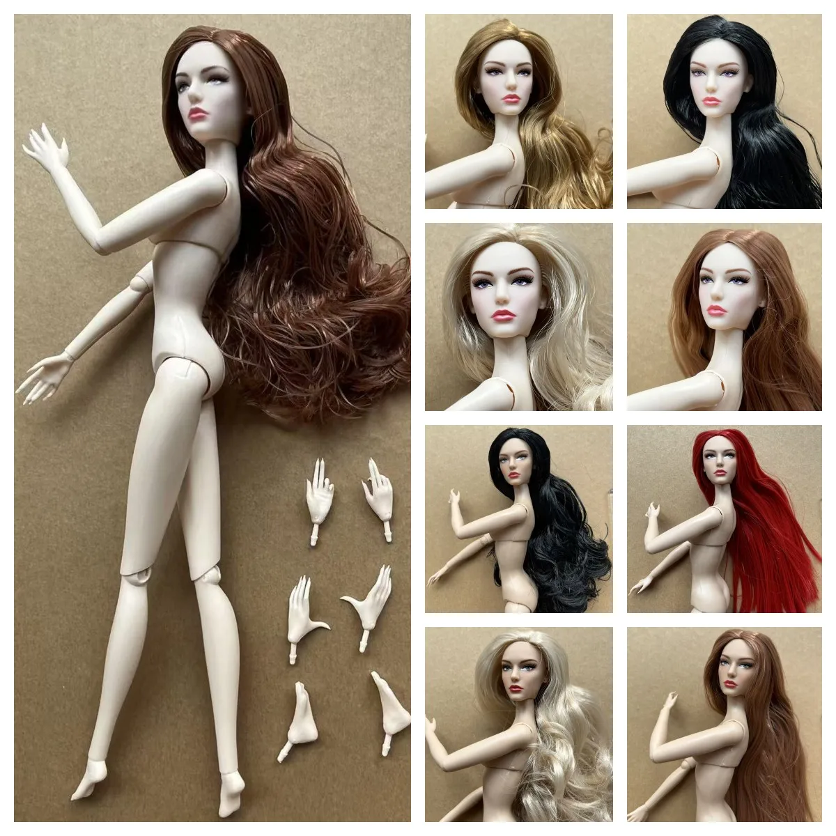 1/6 weibliche DC-Supermodel-Puppen, superweiße, beige, kaffeefarbene Hautpuppenfigur mit Ersatzhänden, Füßen und Puppenständerhaltern