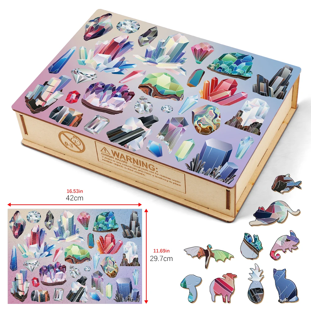 Crystals Wooden Jigsaw Puzzle Kids Toys Gem Wood Puzzles For Adults 3D Puzzle Brain Teaser Board Games Wholesale Wooden Box