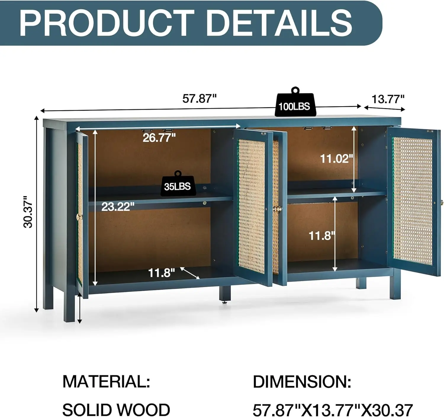 Rattan Sideboard Buffer Cabinet,Accent Storage Cabinet with 4 Rattan Doors, Modern Storage Cupboard Console Table