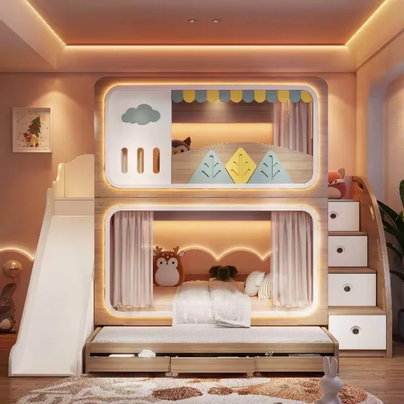 Natural wood colored solid bench, princess tree house bunk bed modern, design high-low upper and lower same width bed