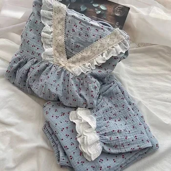 Ropa de dormir con estampado de cereza, conjuntos de pijamas para mujer, conjuntos de pantalones de encaje para mujer, 2 piezas, ropa de noche de estilo coreano, traje para casa con cuello en V de otoño, nuevo