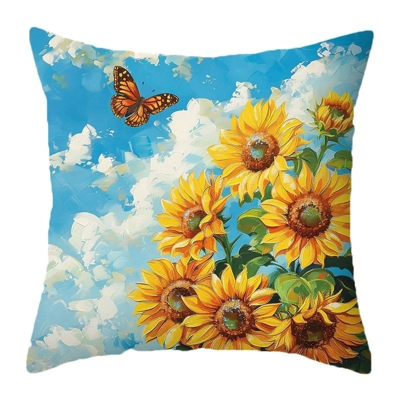 

Oil Painting Sunflower Cushion Cover 2D Peach Skin Pillow Case Butterfly Blue Sky Decorative Throw Pillows for Sofa Living Room