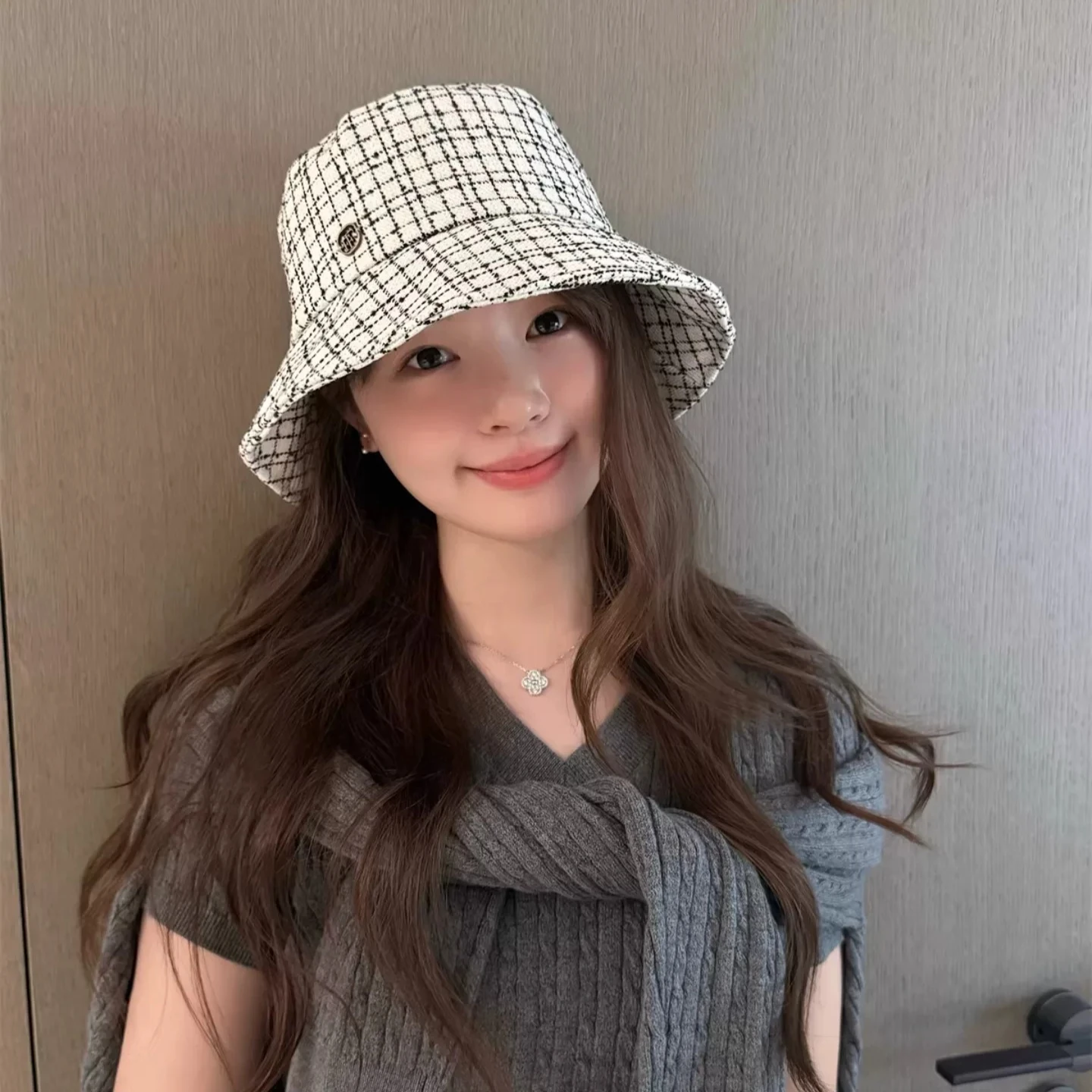 French small fragrant plaid fisherman hat children's new versatile face retro sun hat