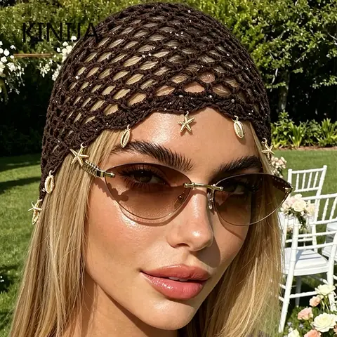 Boné Feminino de Crochê Vazado com Franjas e Pentagrama, Estilo Retrô, Respirável, Versátil para o Verão